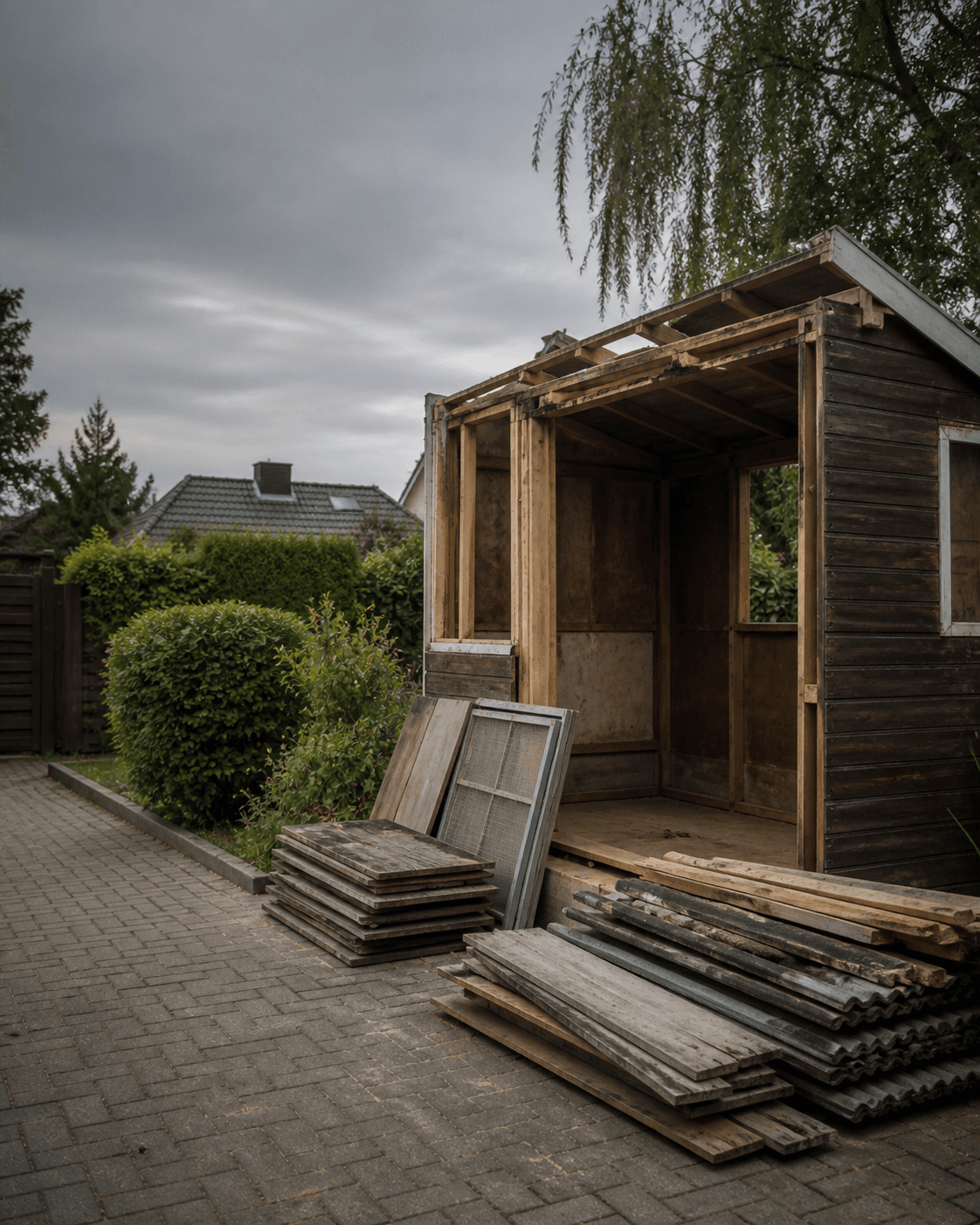 Beispielhafte Darstellung eines teilweise rückgebauten Gartenschuppens